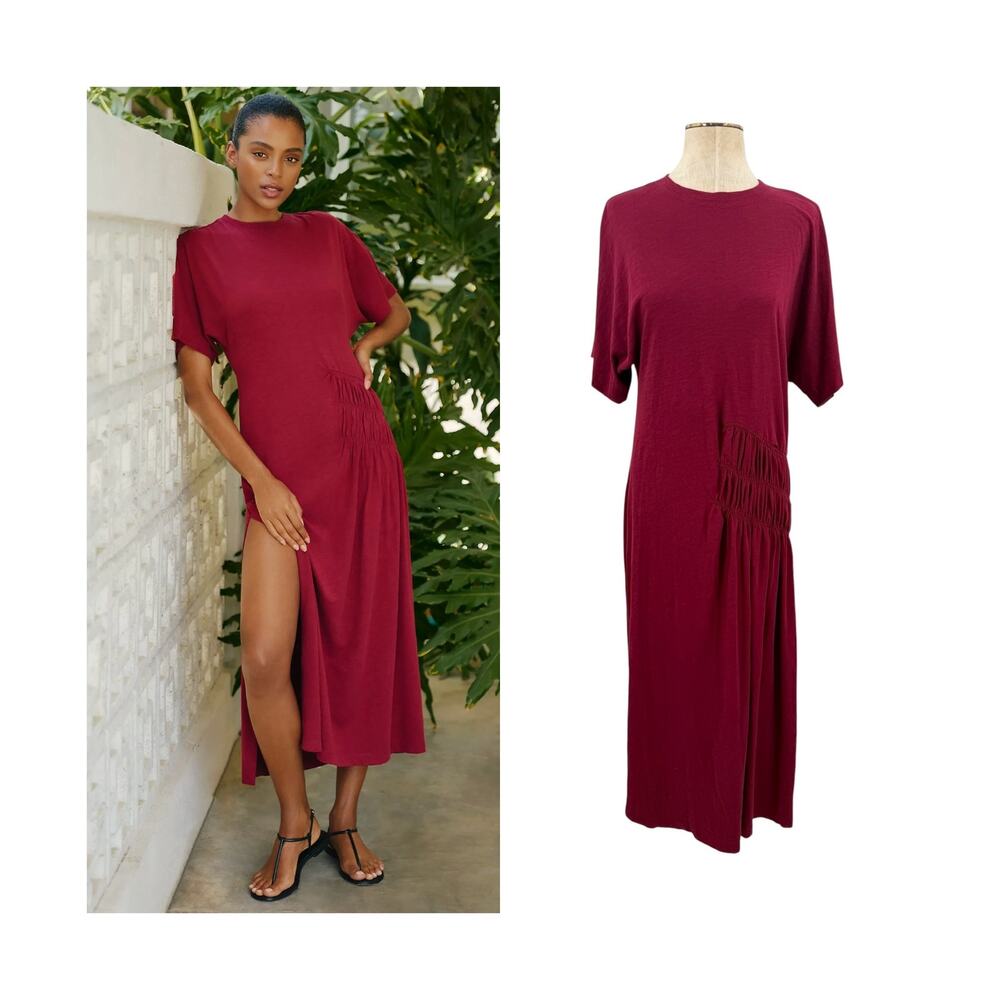 Anthropologie Celandine Cotton Smocked T-Shirt Midi Dress Cherry Red Medium NWT